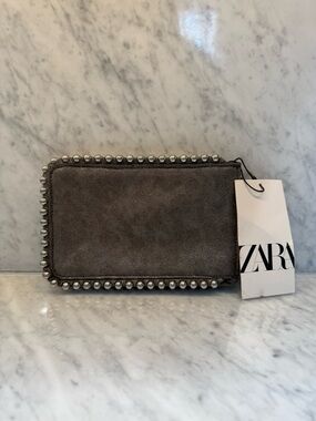 Zara Pearl Stud Clutch Bag NWT Gray Faux Suede Evening Bag